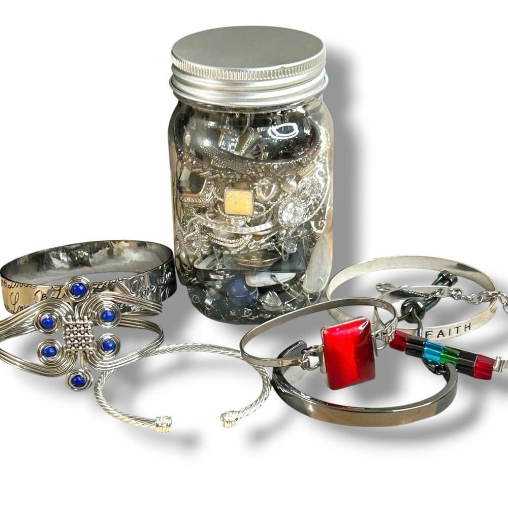 Silver Tone Jewelry Mixed Not So Mystery Jar Good Condition Wearable Various